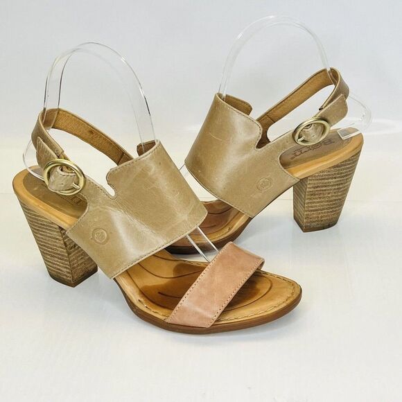 Børn Shoes - Born Cindie Sandals, D90028 Size 8M Sabbia/Rosa Leather Chunky Heel
